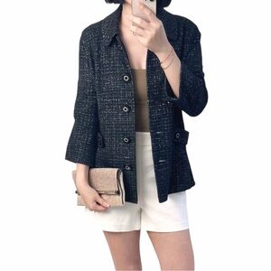 TORY BURCH ✘ Brigitte Black Metallic Tweed Jacket Button Blazer 3/4 Sleeve, 10